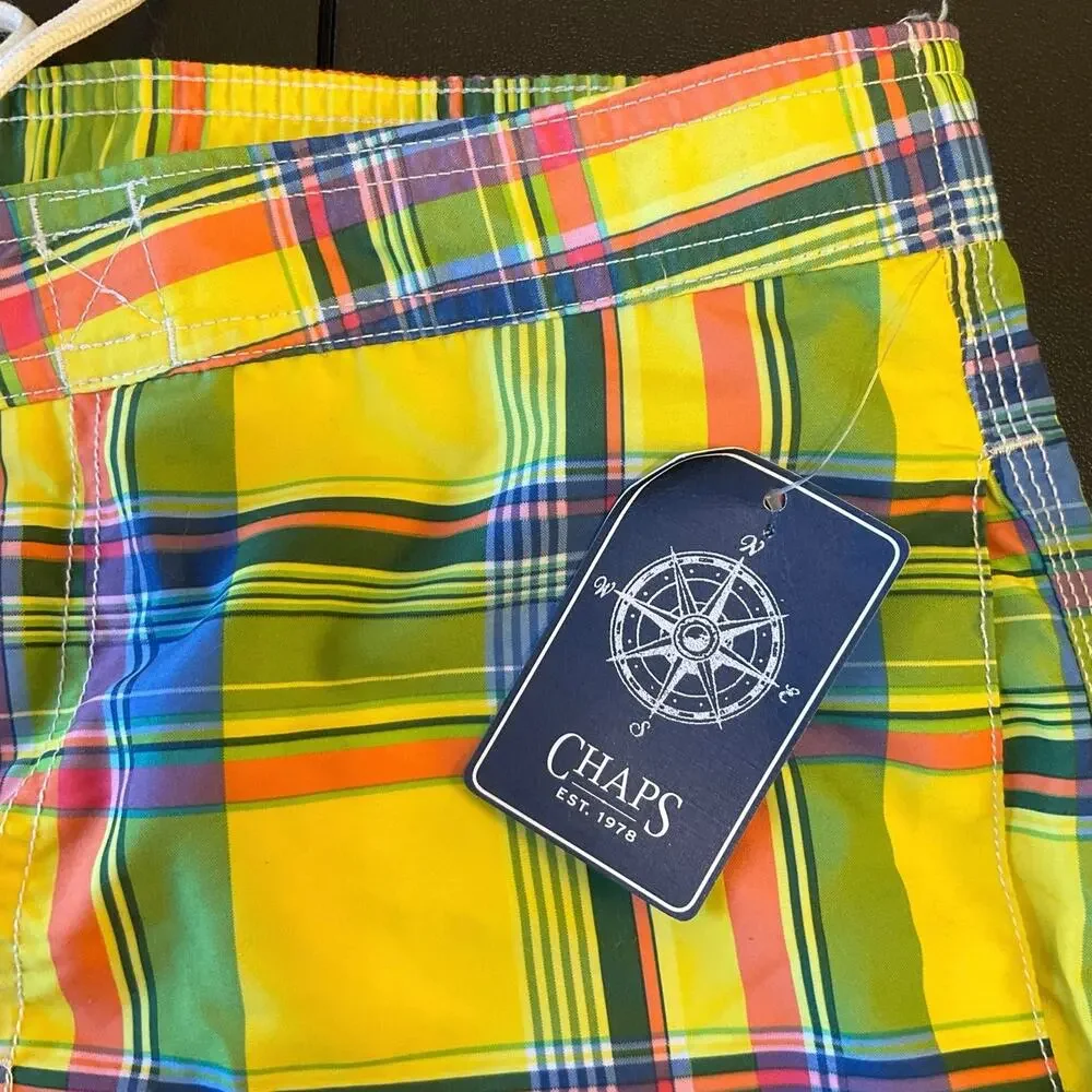 Chaps Plaid Swim Trunks Men’s Medium Bright Madras Board Shorts Yellow Blue NWT